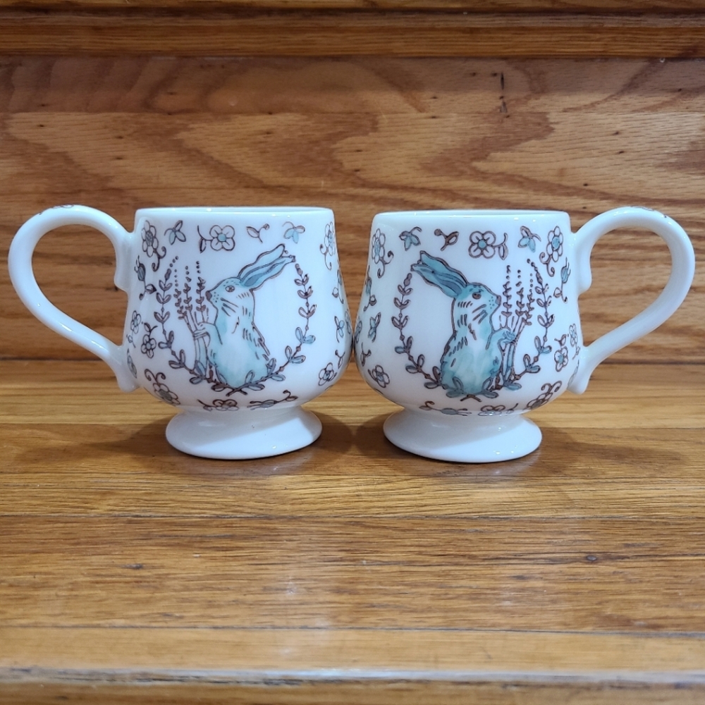 Anthropologie Turquoise Bunny Rabbit Hare Floral Pedestal Coffee Cup Mugs